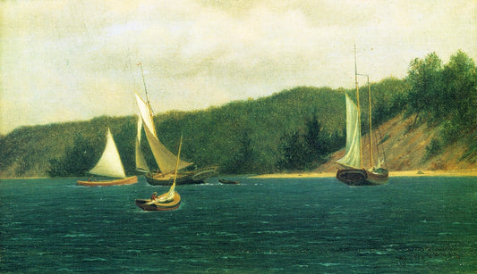 Catboats Entering Port Jefferson Harbor, Long Island, vintage artwork by William Moore Davis, 12x8" (A4) Poster