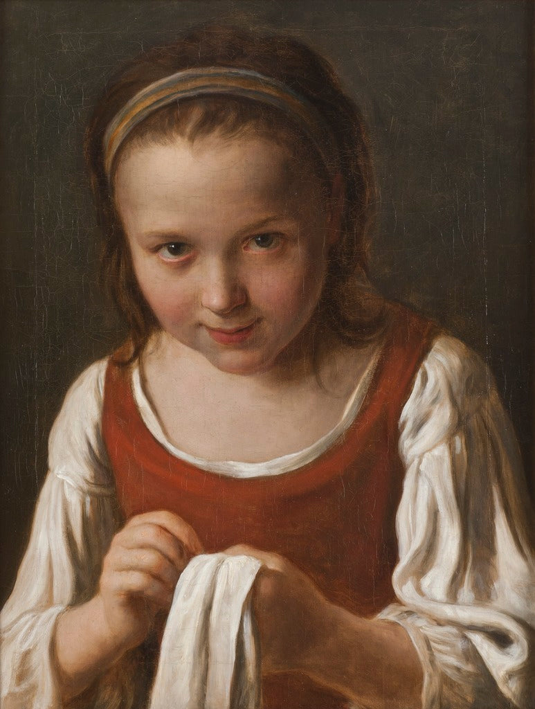 Girl with Needle-work, vintage artwork by Pietro Antonio Rotari, 12x8" (A4) Poster