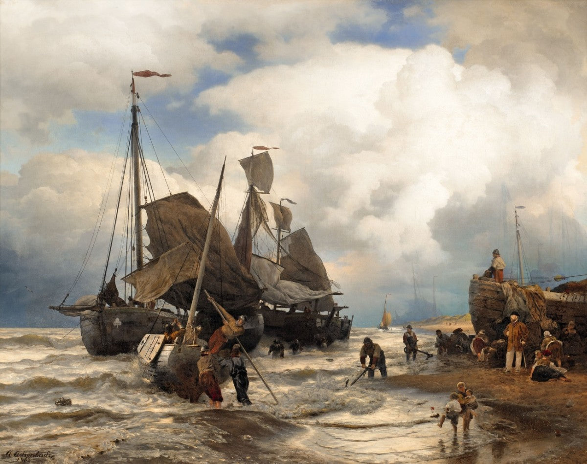 Docking Sailboats at the Beach, vintage artwork by Andreas Achenbach, A3 (16x12") Poster Print