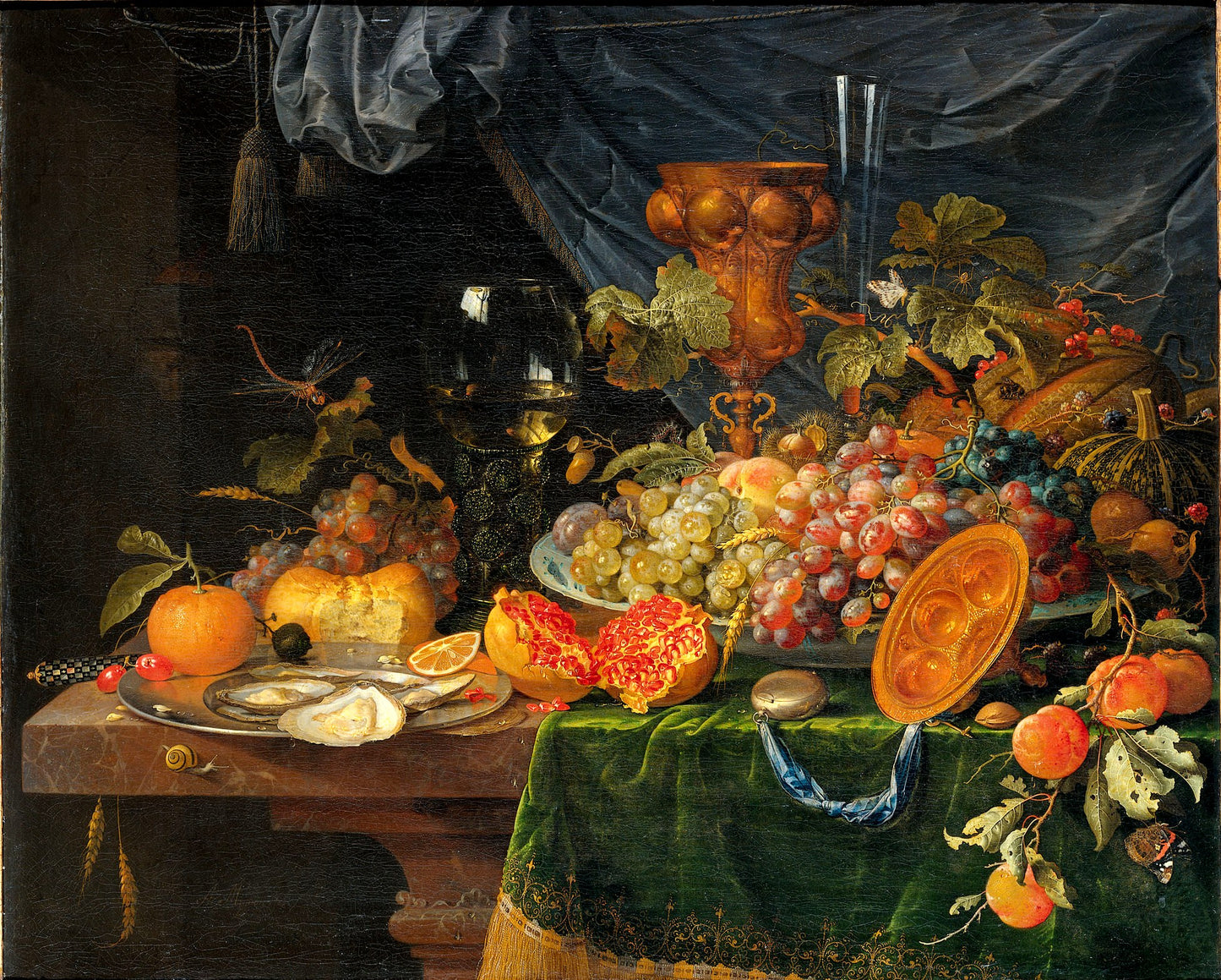 Still life with fruits and oysters, vintage artwork by Abraham Mignon, 12x8" (A4) Poster