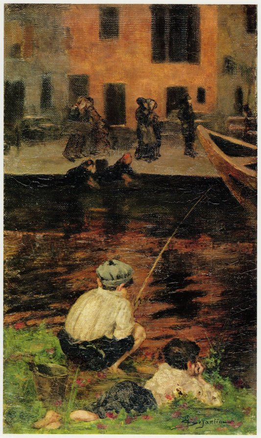 Canal Naviglio with Two Fishing Boys, vintage artwork by Giovanni Segantini, 12x8" (A4) Poster