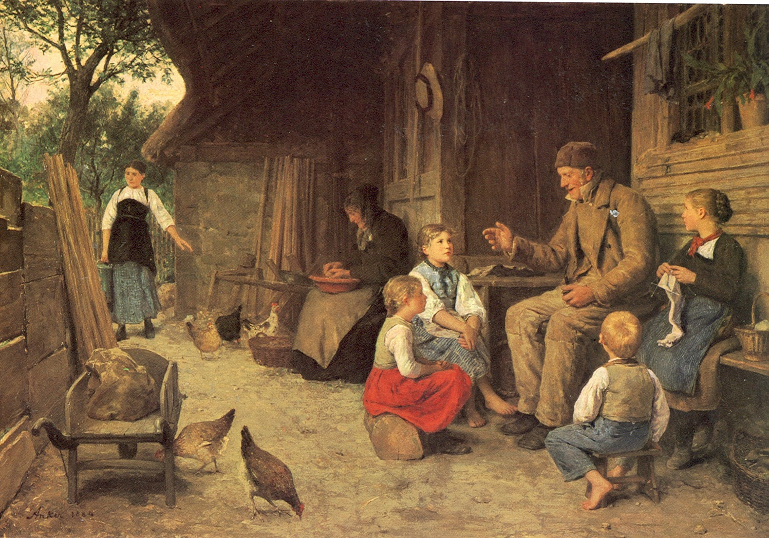 Grandfather Telling a Story, vintage artwork by Albert Anker, 12x8" (A4) Poster