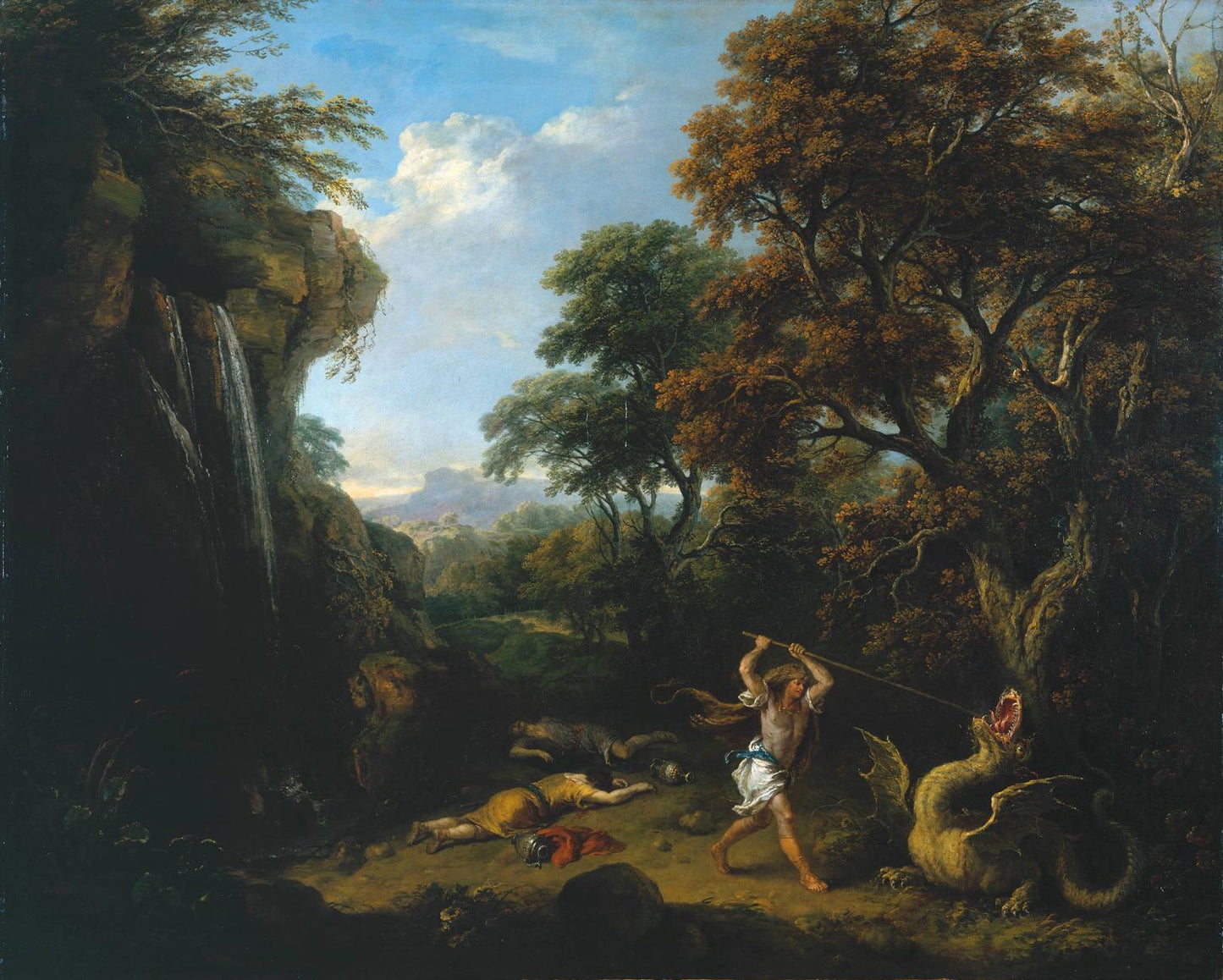 Landscape with Cadmus Killing the Dragon, vintage artwork by Francesco Zuccarelli, 12x8" (A4) Poster