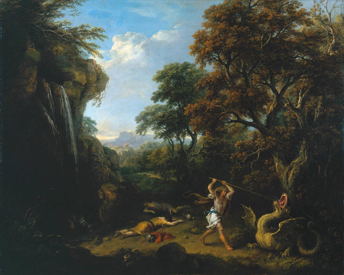 Landscape with Cadmus Killing the Dragon, vintage artwork by Francesco Zuccarelli, 12x8