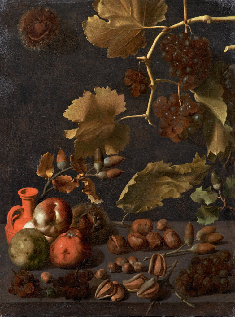 Bodegón con uvas, manzanas, nueces y jarra de terracota,, vintage artwork by Juan Fernández el Labrador, 12x8" (A4) Poster