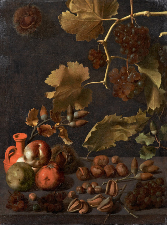 Bodegón con uvas, manzanas, nueces y jarra de terracota,, vintage artwork by Juan Fernández el Labrador, 12x8" (A4) Poster