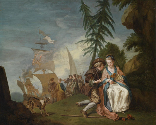 A gallant couple before embarking for Kythera, vintage artwork by Jean Baptiste Le Prince, 12x8" (A4) Poster
