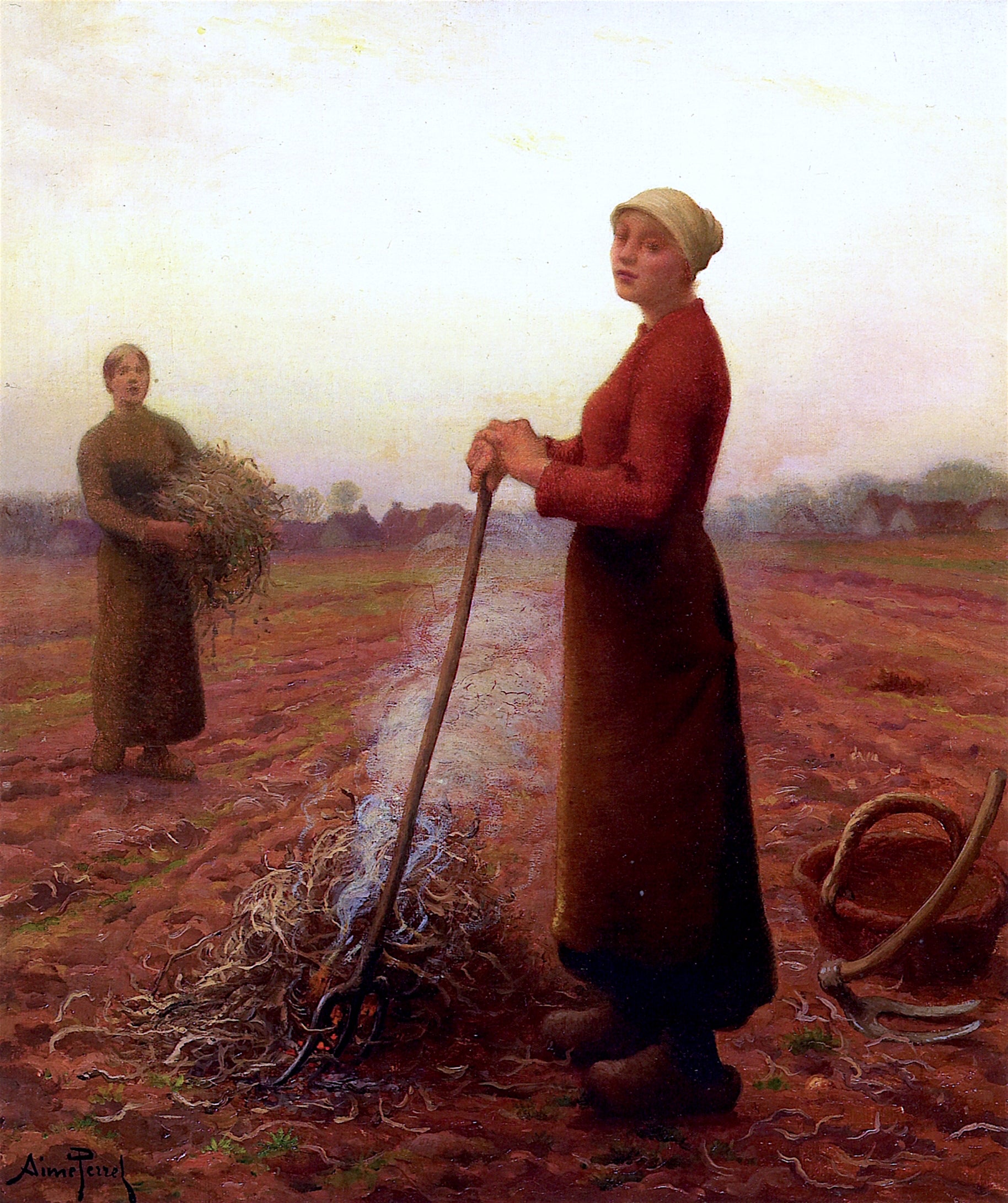 Peasant Girls in the Fields, vintage artwork by Aime Perret, 12x8" (A4) Poster