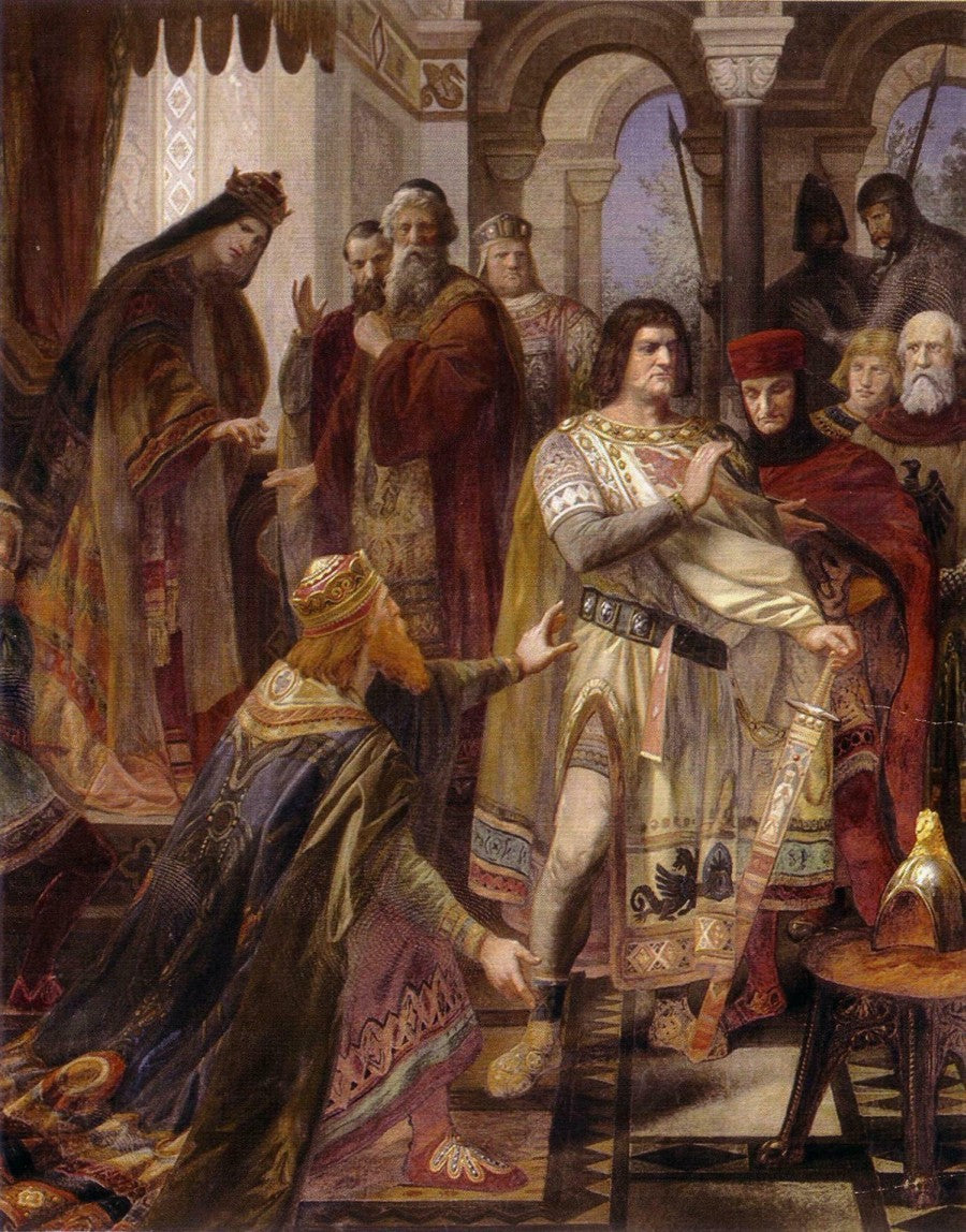 Barbarossa's Prostration before Henry the Lion in Chiavenna (Detail), vintage artwork by Hermann Wislicenus, 12x8" (A4) Poster