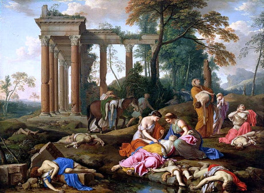 The Children of Bethel Mourned by  their Mothers, vintage artwork by Laurent de La Hyre, 12x8" (A4) Poster