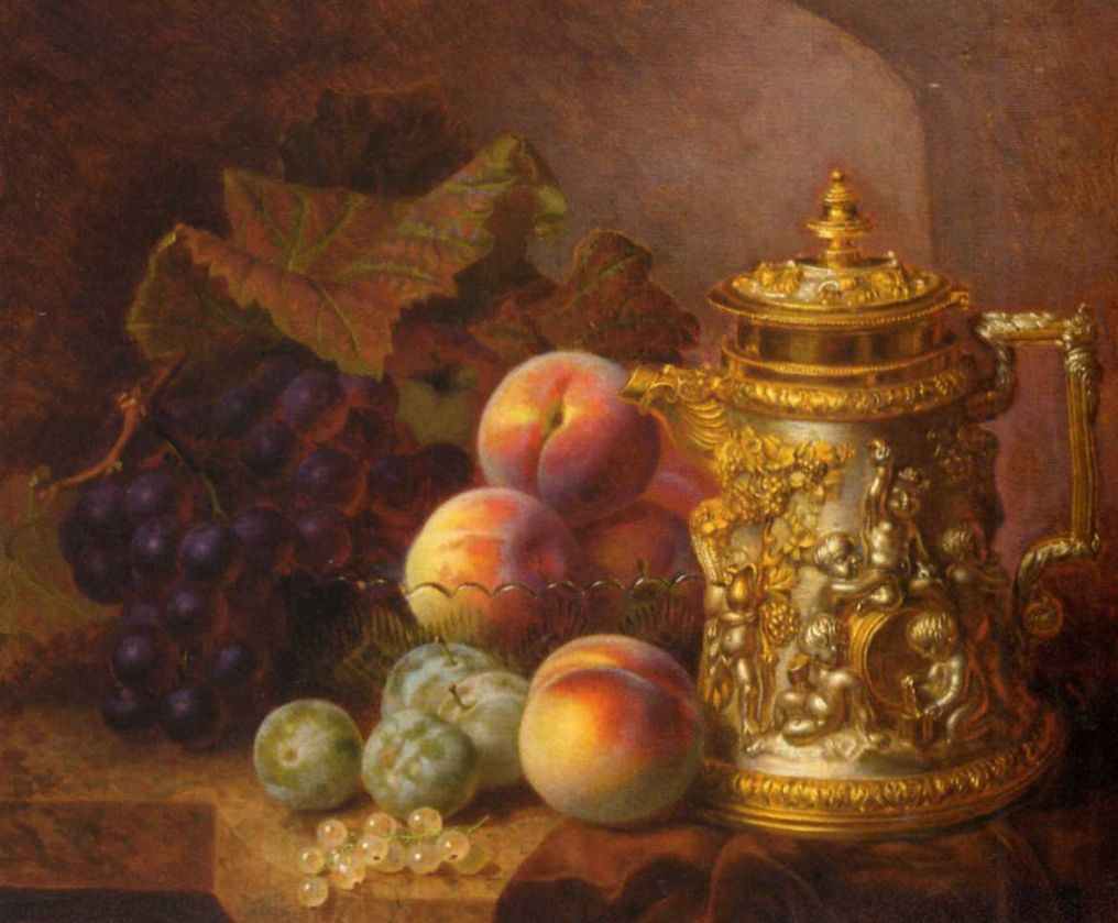 Black grapes, peaches, greengages and whitecurrants beside an ornamental gilded tankard, vintage artwork by Eloise Harriet Stannard, 12x8" (A4) Poster
