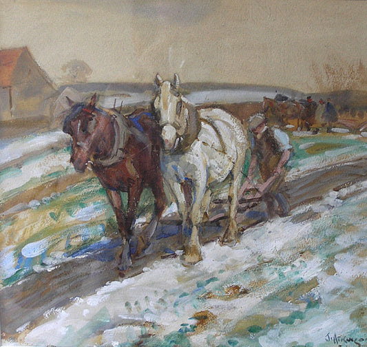 Ploughing in Winter, vintage artwork by John Atkinson II, 12x8" (A4) Poster