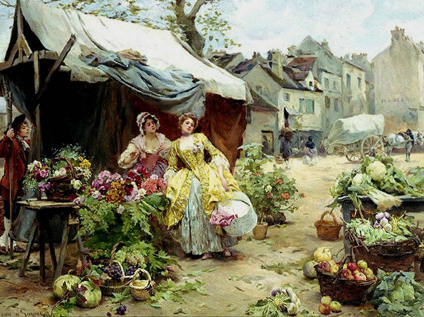 Buying Flowers at Market by Louis Marie de Schryver,A3(16x12")Poster