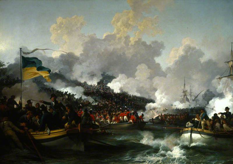 The Landing of British Troops at Aboukir, 8 March 1801, vintage artwork by Philippe-Jacques de Loutherbourg, 12x8" (A4) Poster
