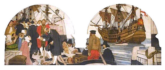 Sailing of the Braintree Company in the 'Lyon', 1632, vintage artwork by Maurice William Greiffenhagen, 12x8" (A4) Poster