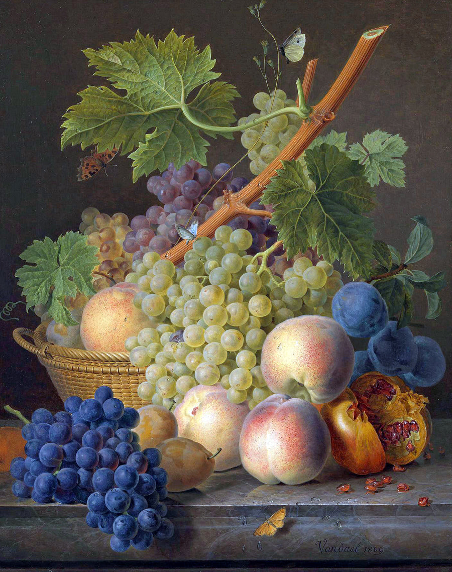 A still life with grapes and peaches in a basket, a pomegranate and plums on a marble ledge, vintage artwork by Jan Frans van Dael, 12x8" (A4) Poster