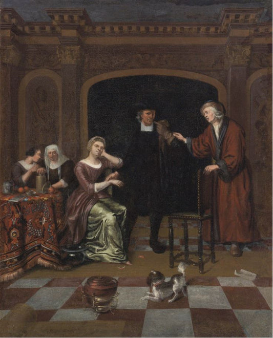The Lovesick Woman Visited by  a Doctor, vintage artwork by Michiel van Musscher, 12x8" (A4) Poster