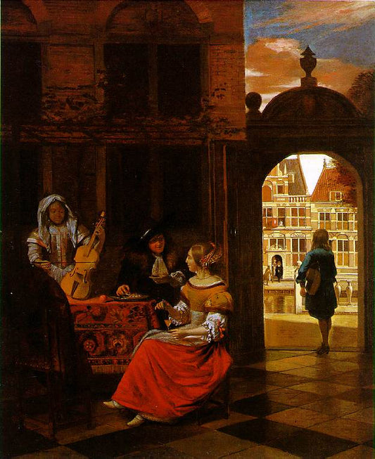 Musical Party in a Courtyard, vintage artwork by Pieter de Hooch, 12x8" (A4) Poster