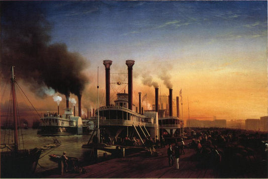 Giant Steaamboats at the Levee in New Orleans, vintage artwork by Hyppolite Sebron, A3 (16x12") Poster Print