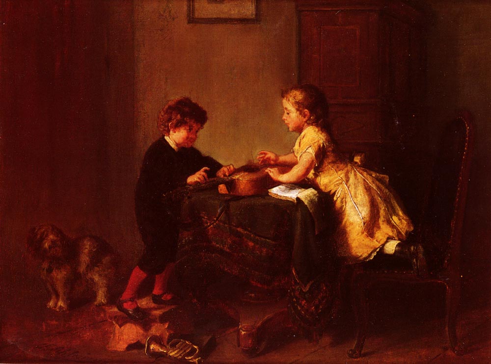 Children Playing with a Guitar, vintage artwork by Felix Schlesinger, 12x8" (A4) Poster