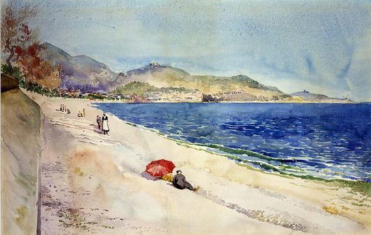 On the Beach below the Promenade des Anglais, Nice, France, vintage artwork by Cass Gilbert, 12x8" (A4) Poster