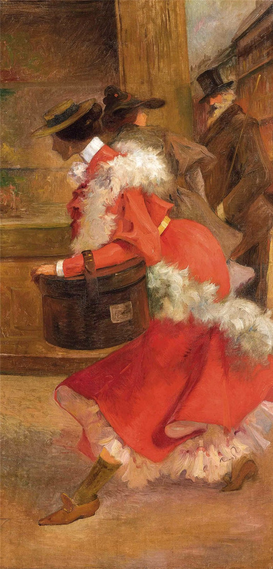 In a hurry with a hatbox, vintage artwork by Albert Guillaume, 12x8" (A4) Poster