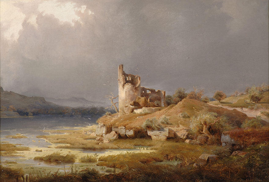 River landscape with castle ruins, vintage artwork by Carl Hilgers, A3 (16x12") Poster Print