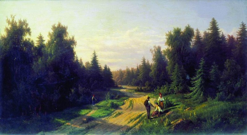 Road in the Forest, vintage artwork by Pavel Dzhogin, 12x8" (A4) Poster