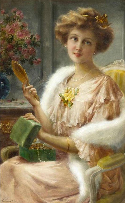 A young lady with a mirror, vintage artwork by Emile Vernon, 12x8" (A4) Poster
