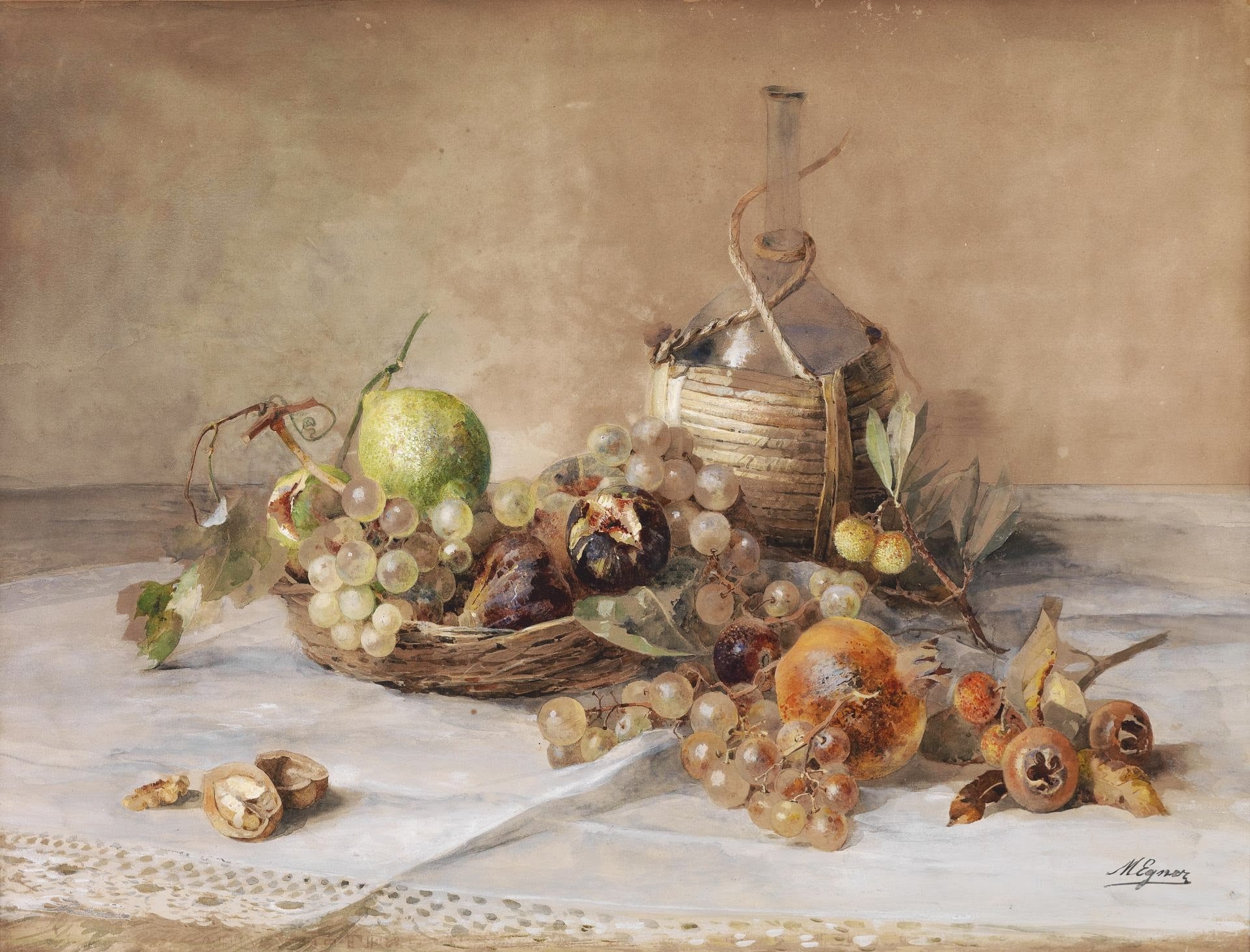 Still-life with Fruit and Bottle of Chianti, vintage artwork by Marie Egner, 12x8" (A4) Poster