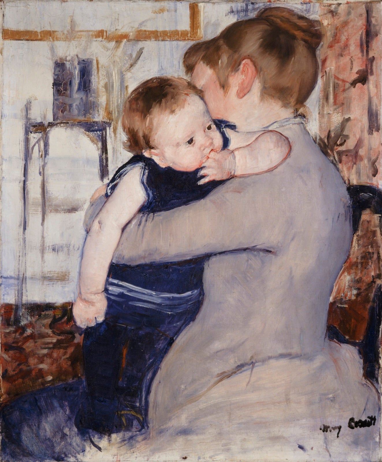 Baby  in Dark Blue Suit, Looking over His Mother's Shoulder, vintage artwork by Mary Cassatt, 12x8" (A4) Poster