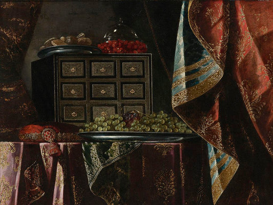 and Other Objects on a Brocade Draped Table by Carlo Manieri,16x12(A3) Poster