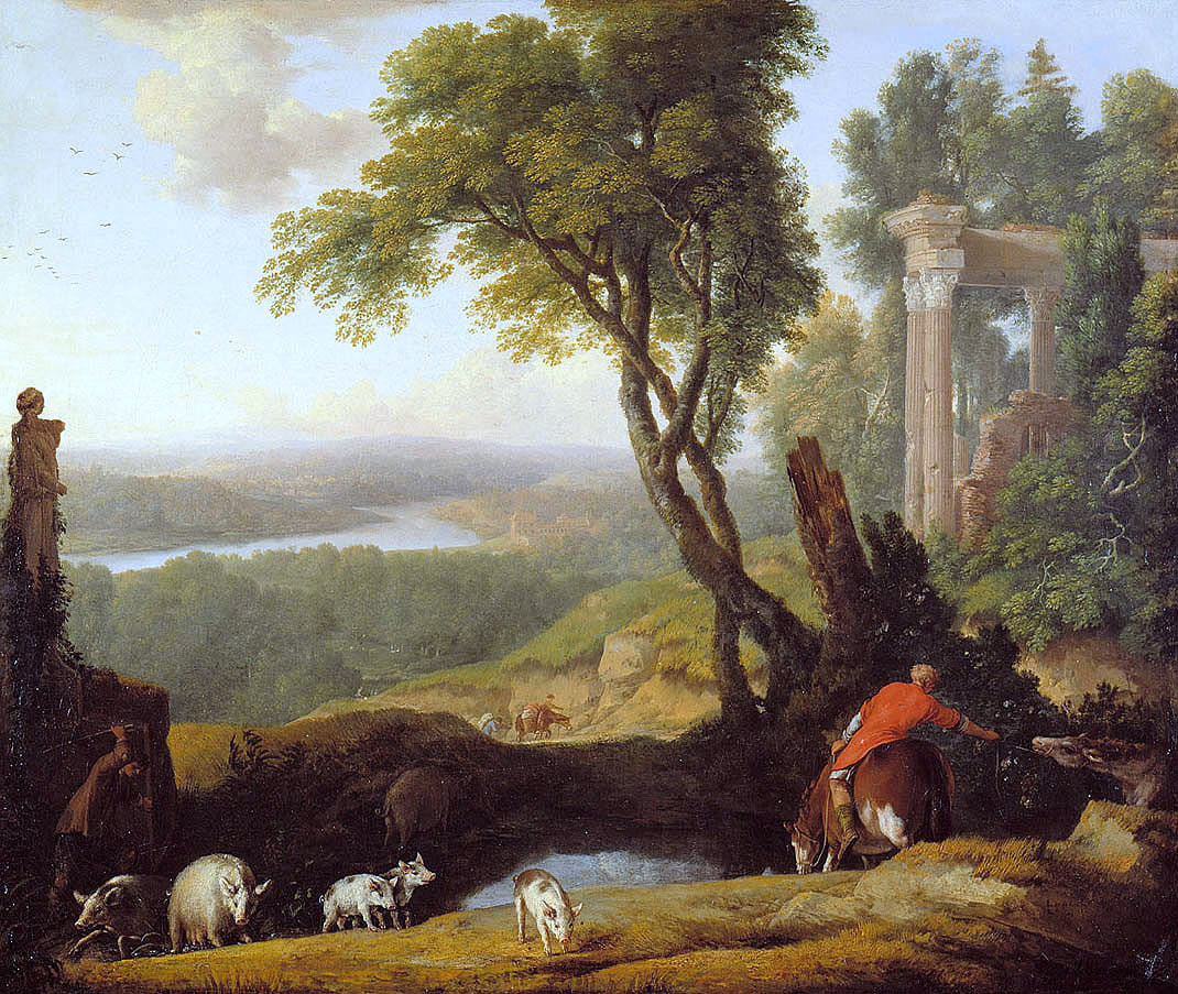 Landscape with Swinherd, vintage artwork by Laurent de La Hyre, 12x8" (A4) Poster