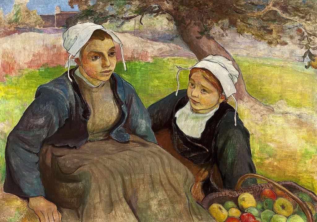 Two Breton women with a basket of apples, vintage artwork by Wladyslaw Slewinski, 12x8" (A4) Poster