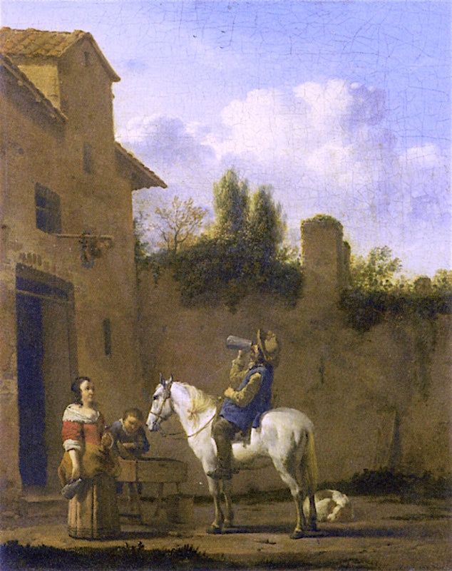 Mounted Trumpeter Taking a Drink, vintage artwork by Carel Dujardin, 12x8" (A4) Poster
