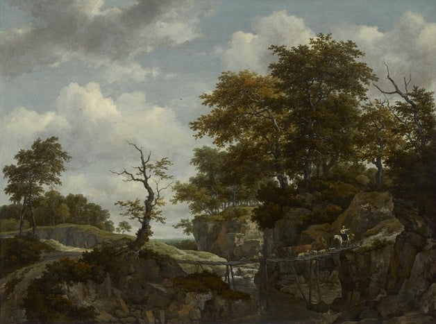 Landscape with Bridge, Cattle and Figures, vintage artwork by Jacob van Ruisdael, 12x8" (A4) Poster