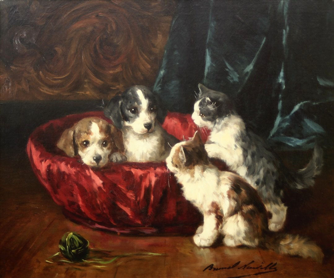 two pups and two kittens, vintage artwork by Alfred Brunel de Neuville, 12x8" (A4) Poster