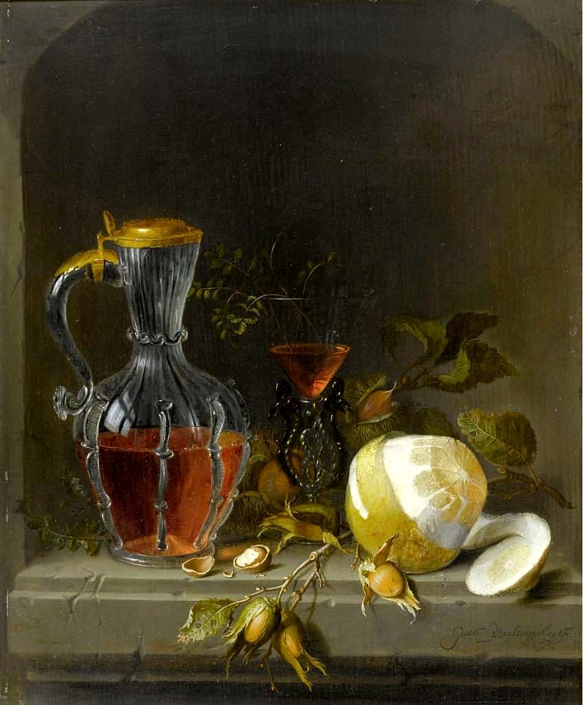 Still life in a niche with lemon, a façon de Venise wineglass, chestnuts, hazelnuts and a glass jug, vintage artwork by Jacob van Walscapelle, 12x8" (A4) Poster