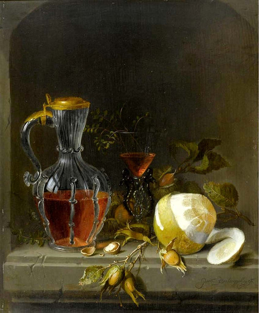 Still life in a niche with lemon, a façon de Venise wineglass, chestnuts, hazelnuts and a glass jug, vintage artwork by Jacob van Walscapelle, 12x8" (A4) Poster