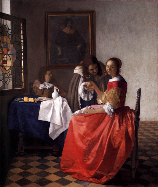 A Lady and Two Gentlemen, vintage artwork by Johannes Vermeer, 12x8" (A4) Poster