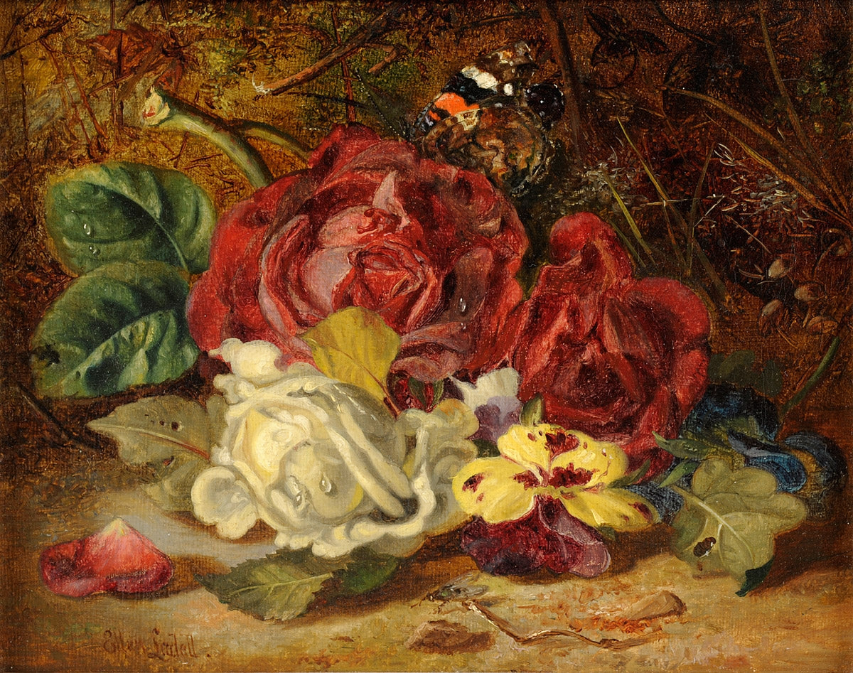 Flower still life with butterflies, vintage artwork by Ellen Ladell, 12x8" (A4) Poster