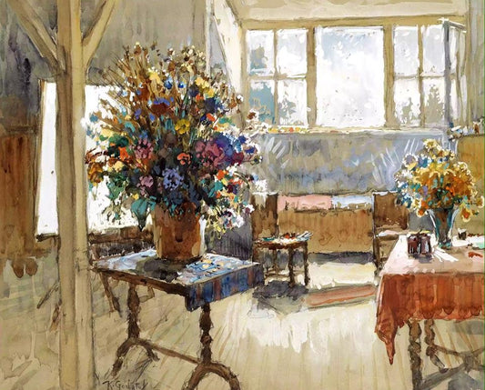 Interior with a Bouquet of Summer Flowers, vintage artwork by Konstantin Gorbatov, 12x8" (A4) Poster