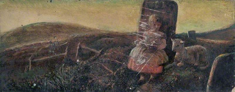 Girl and Lamb by  a Gravestone, vintage artwork by James Smetham, A3 (16x12") Poster Print