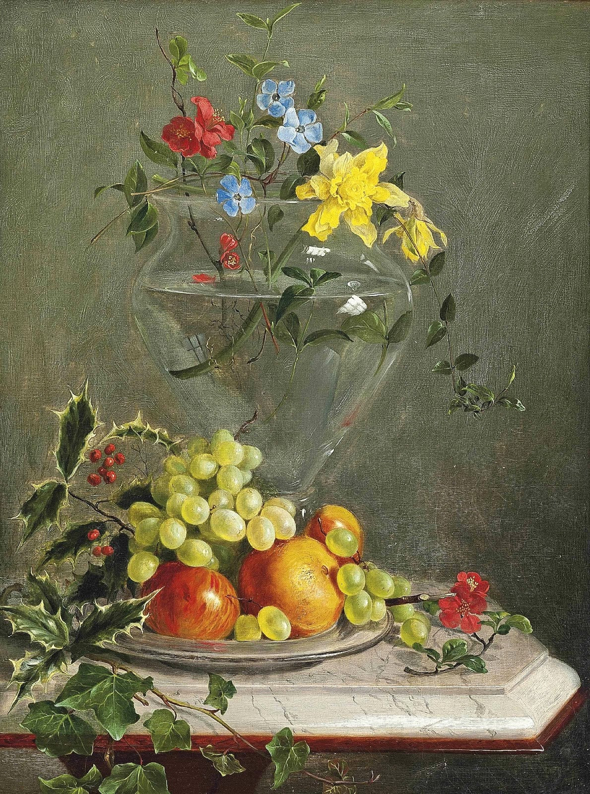 Flowers in a Glass Vase and Fruit on a Dish, vintage artwork by Franz Xavier Petter, A3 (16x12") Poster Print