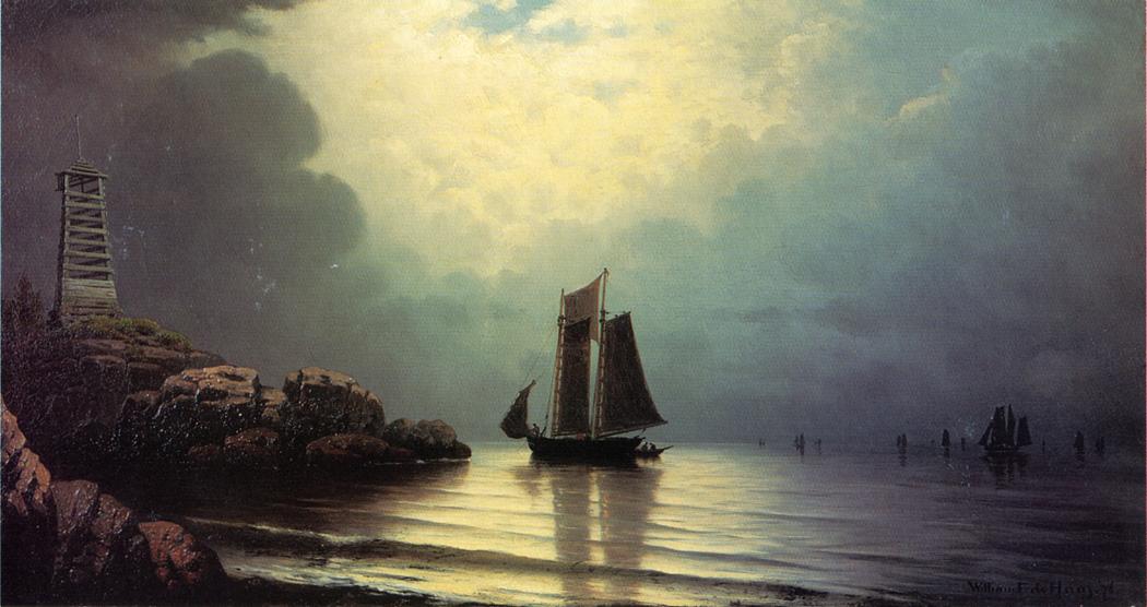 Sailing Vessel off a Rocky Point, vintage artwork by William Frederick de Haas, 12x8" (A4) Poster