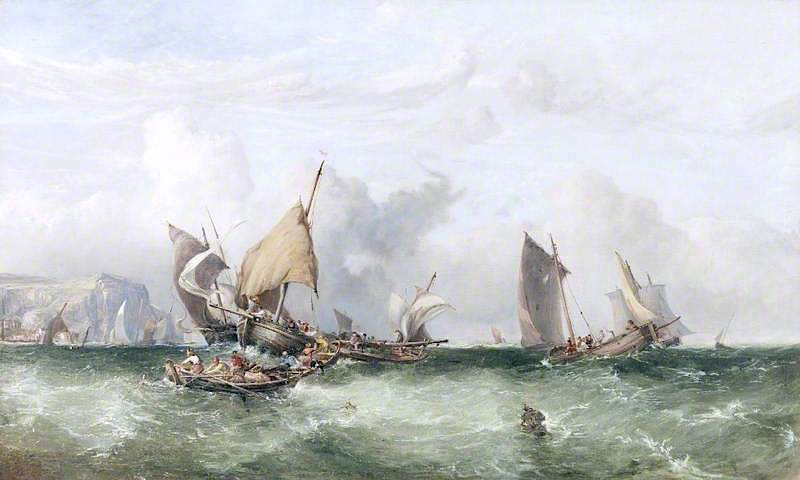 Fishing Boats off Scarborough, vintage artwork by Attributed to John Wilson Carmichael, A3 (16x12") Poster Print