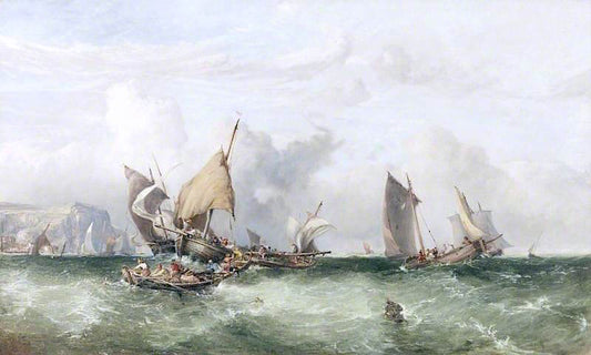 Fishing Boats off Scarborough, vintage artwork by Attributed to John Wilson Carmichael, A3 (16x12") Poster Print