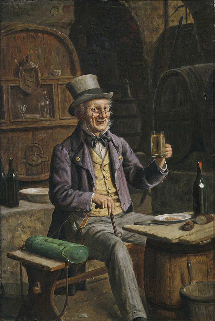 Beer Drinker with Botanical Specimens in a Keg Cellar, vintage artwork by Hermann Kern, 12x8" (A4) Poster