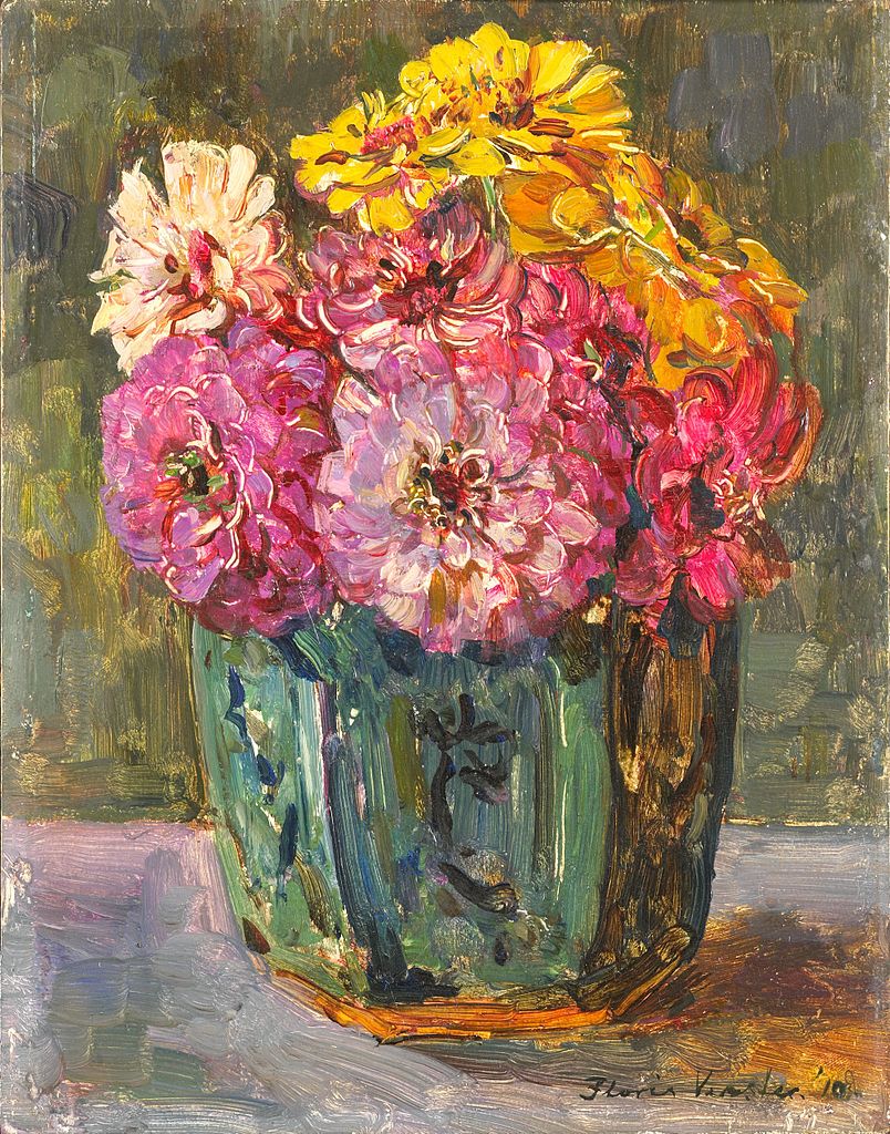 Still Life with zinnias in a ginger pot by Floris Verster,A3(16x12")Poster