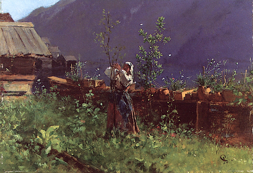 Farmyard in Hallstadt, vintage artwork by August Xaver Carl Ritter von Pettenkofen, 12x8" (A4) Poster